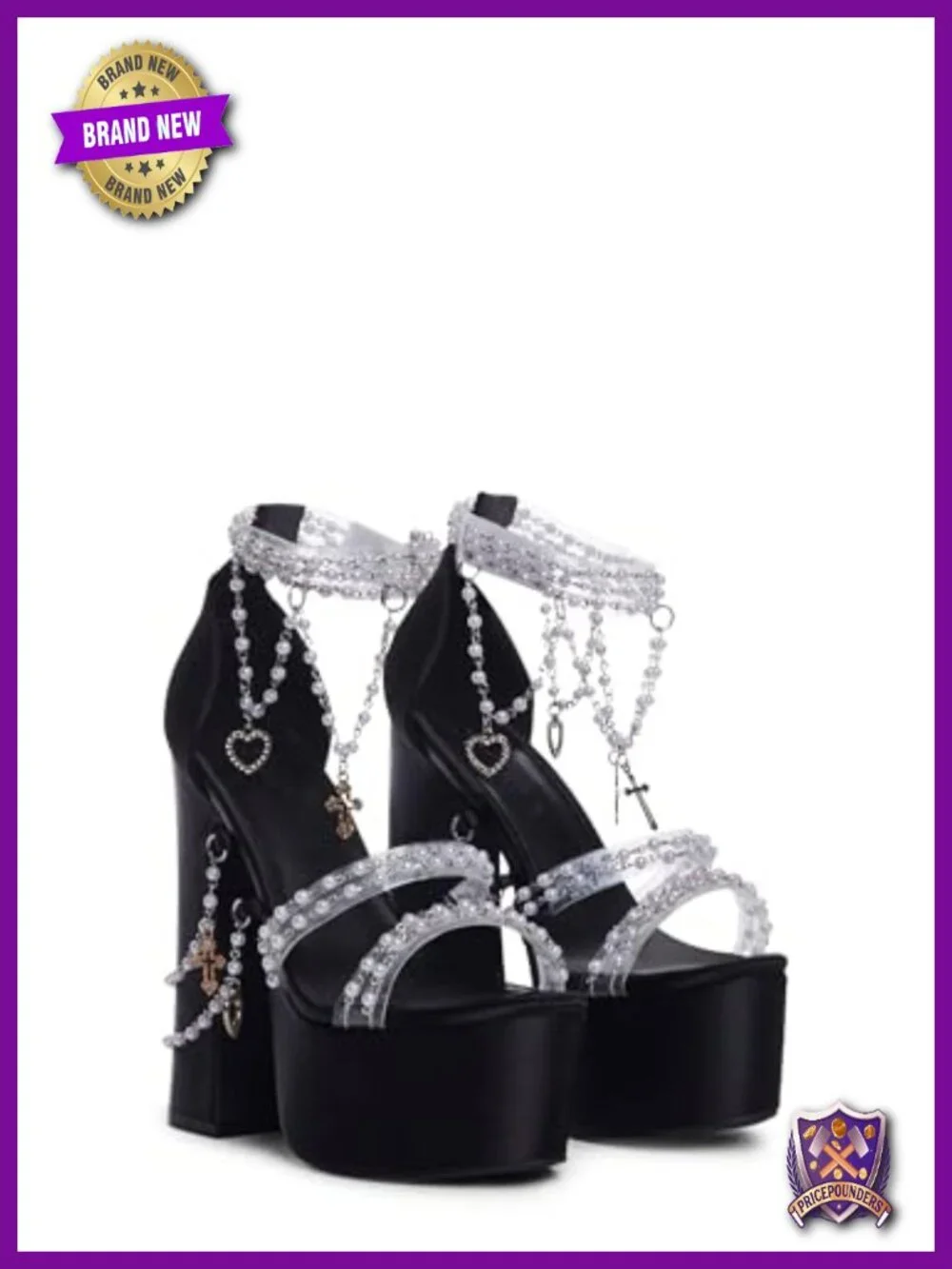 Velvet Platform Heels with Pearl Beads & Adjustable Straps